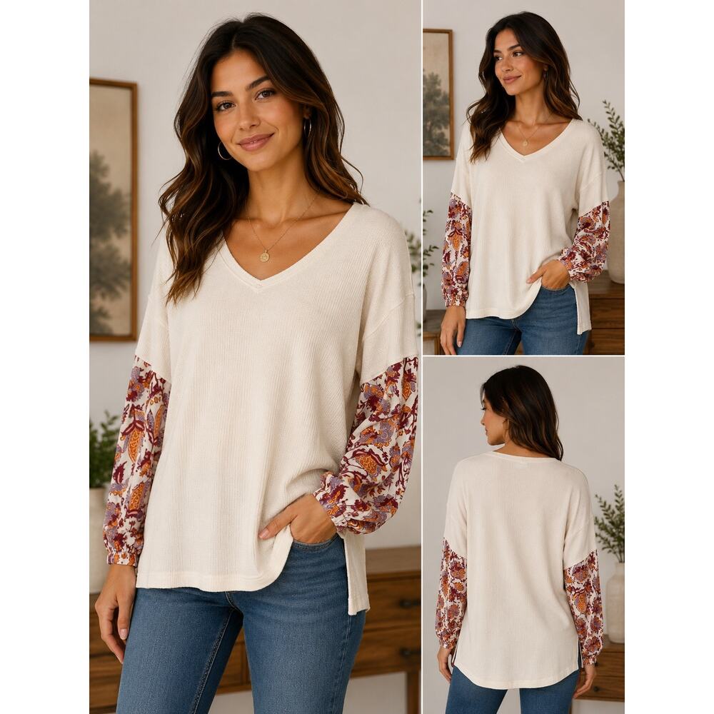 By Anthropologie Cream Thermal Knit Top Paisley Sleeve Boho Pullover Size L